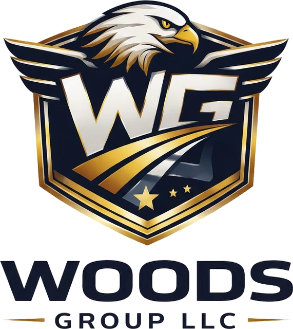 Woods Group LLC logo: an eagle above a gold-and-navy WG shield with the words Woods Group LLC
