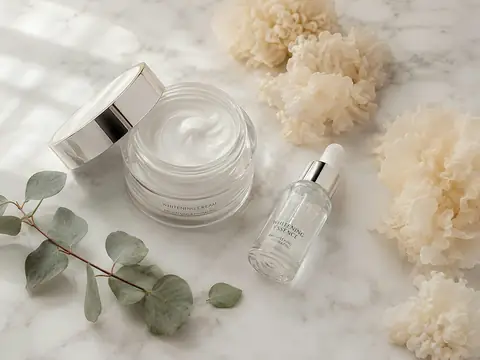 Skincare jars and bottles on a light surface